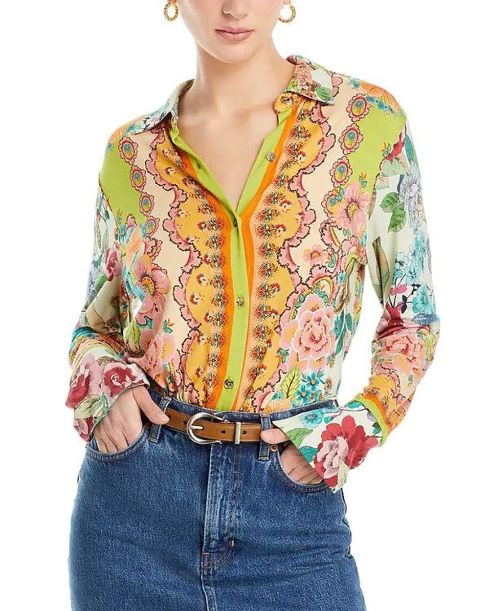 Johnny Was Rossey Jersey Floral Button Front Blouse Top Multi Women's Size XXL